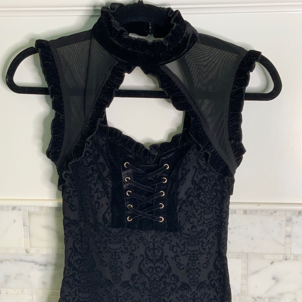 Killstar Lady Anti Christ midi bodycon dress flocked velvet collar neck